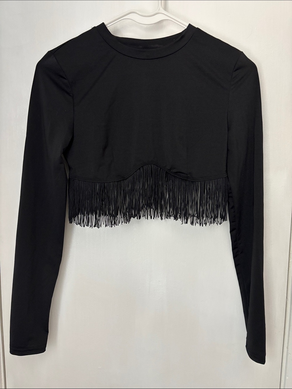 Black Fringe Cropped Long-Sleeve Top - Women